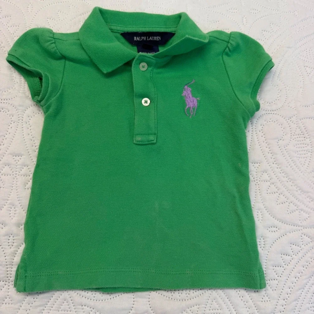 Ralph Lauren Girls Green Cotton Pique Polo Shirt Purple Pony 12M